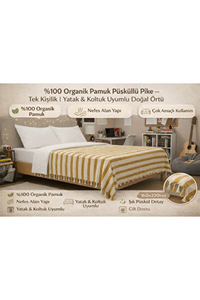 TECHTACT 100% Cotton Organic Single Tasseled Pique, 160X220 cm Bedspread, Sof...