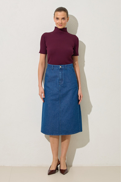 Setre Navy Blue 100% Cotton Denim Skirt with Pocket Detail
