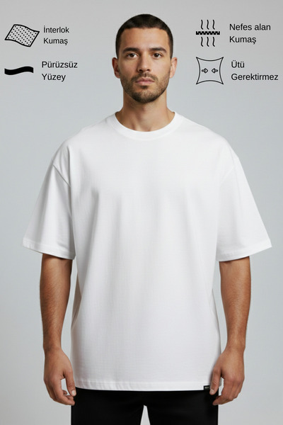 ALLUNIQUE Erkek Pamuklu Oversize Bisiklet Yaka Beyaz T-Shirt