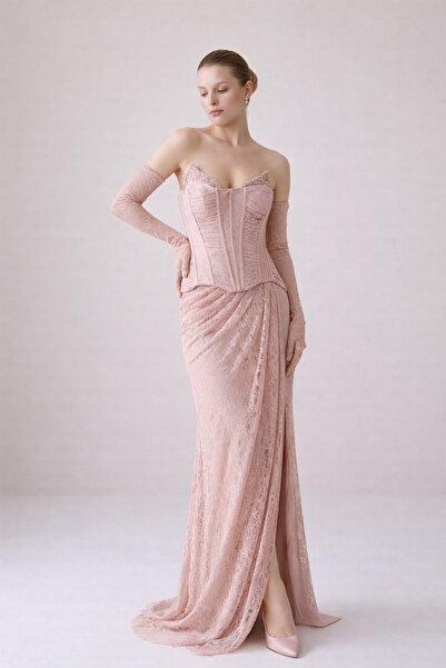 Setre Powder Lace, Long Evening Dress with Slit Detail on Sleeves and Corset