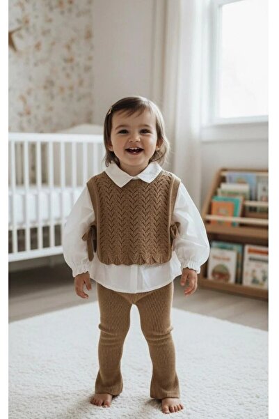 genybaby Şık Kız Bebek Triko Takım – Beyaz Gömlek, Örgü Süveter ve Pantolon