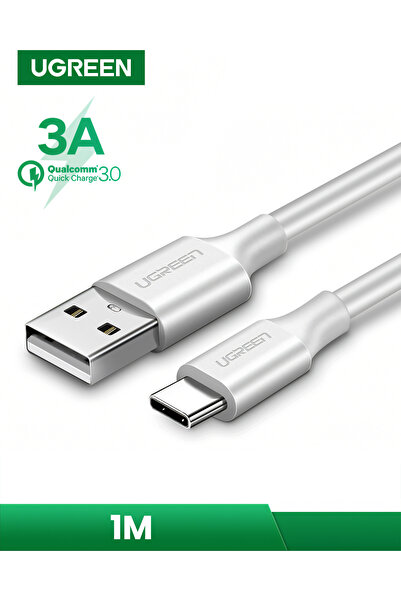 Ugreen USB-C - USB-A 3A QC Hızlı Şarj Kablosu, 1 m, Beyaz, 60121