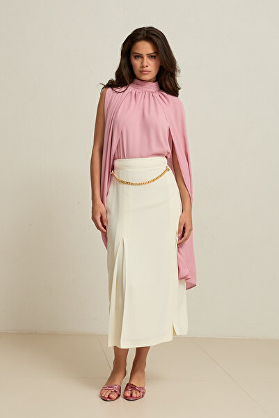 Setre Cream Pleated Midi Skirt with Waist Chain Detail