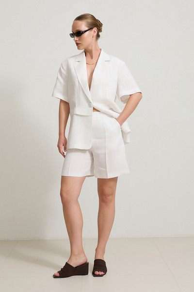 Setre Ecru 100% Linen Wide Fit Short Sleeve Jacket with Button and Waist Detail