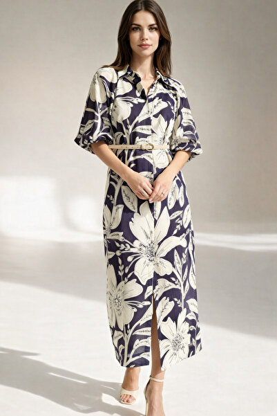 Setre Μπλε ναυτικό φόρεμα με μακρύ μανίκι, με λαιμόκοψη, με ζώνη στη μέση, με...