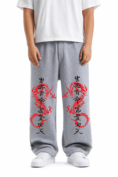 Sokak Butik Ανδρικό γκρι αθλητικό παντελόνι Premium Dragon φαρδύ μπατζάκι