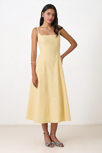 Setre Butter Yellow Slim Fit 100% Cotton Strap Waist Midi Length Slim Fit Dress