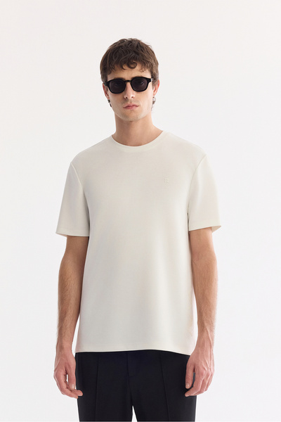 Avva Men's Ecru Crew Neck Interlock T-Shirt with Side Ruber and Dtf Print A61...