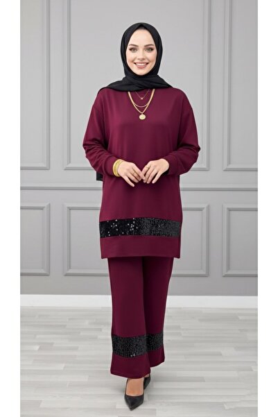 ALYA FİRUZE TAKIM Bordo Kadın Payet Detaylı Kristal Kumaş 2'li Takım