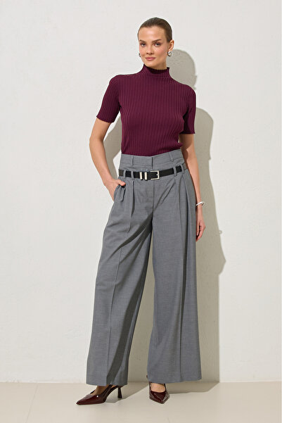Setre Gray Pleated Detailed and Belted Comfortable Cut Wide Leg Trousers
