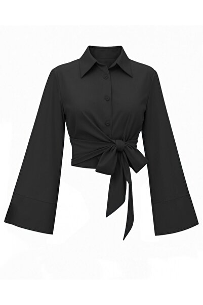Modamorfo Μπλούζα πουκάμισο από ισπανική ποπλίνα με δέσιμο στη μέση - Μαύρο