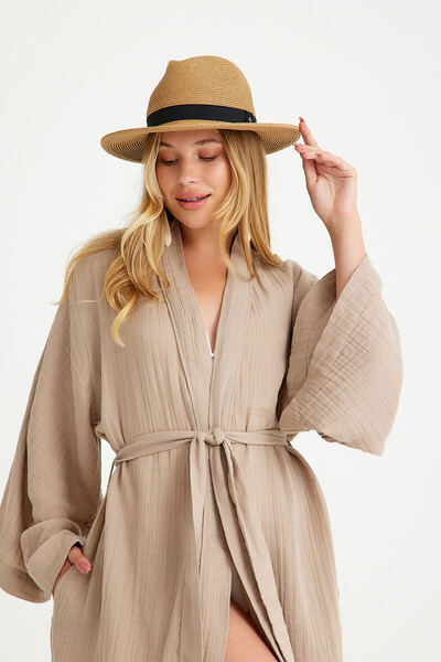 Miespiga %100 Pamuklu Dokuma Beli Kuşaklı Maxi Kadın Kimono Kaftan Bej