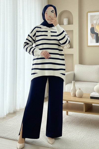 HİJABAYA Σετ Πλεκτών με Γιακά Πόλο και Κουμπιά Ριγέ