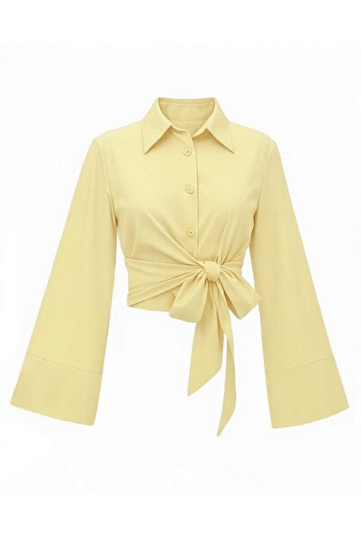 Modamorfo Tie-Waist Spanish Sleeve Poplin Shirt Blouse -Yellow