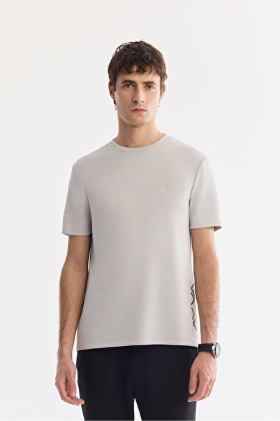 Avva Men's Light Gray Crew Neck Interlock T-Shirt with Side Ruber and Dtf Pri...