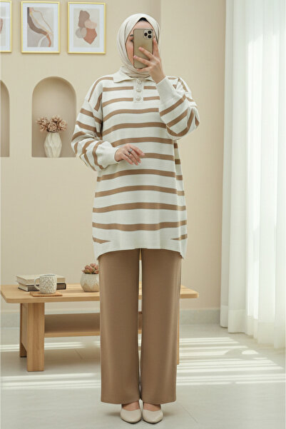 HİJABAYA Σετ Πλεκτών με Γιακά Πόλο και Κουμπιά Ριγέ