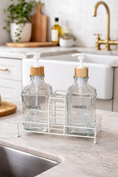 MAKRİ HOME Stantlı Bambu Kapaklı İkili Cam Sıvı Sabunluk & Deterjanlık Seti –...