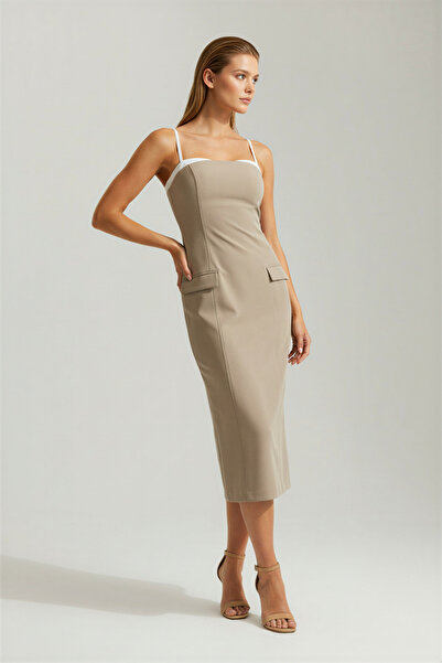 Setre Olive Slim Strap Collar and Pocket Detailed Midi Length Dress