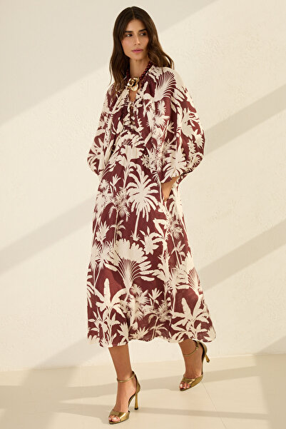 Setre Vişne 100% λινό φόρεμα με λεπτομέρειες στο γιακά και τα μανίκια, με μέγ...