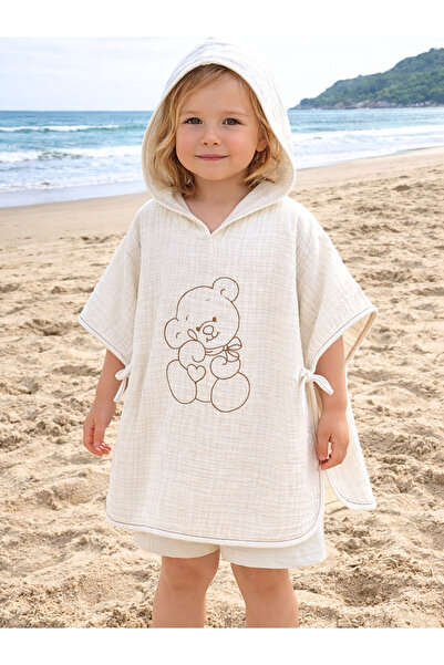 Tomuycuk 4 Layer Muslin Ecru Poncho Towel - Embroidered 100% Cotton Baby & Ki...
