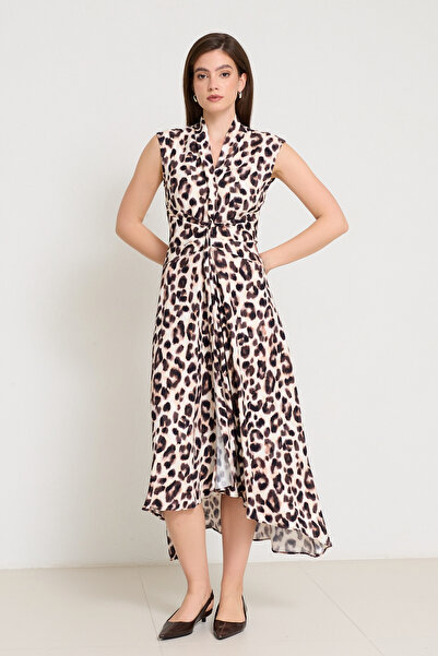 Setre Κρεμ - Φόρεμα με λεοπάρ στάμπα με αμάνικο λαιμόκοψη και λεπτομέρεια στη...