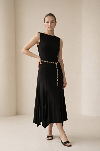 Setre Siyah Kolsuz Tam Kalıp Zincir Kemerli Etek Uçları Asimetrik Kesim Midi ...
