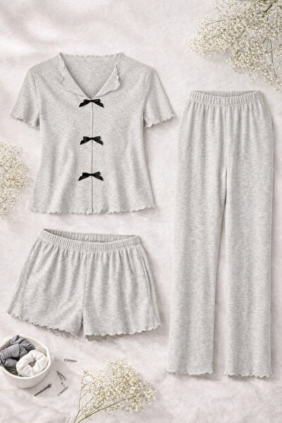 koza iç giyim Kadın Pamuklu 3'lü Yeşil Fiyonklu Kaşkorse Pijama Takımı