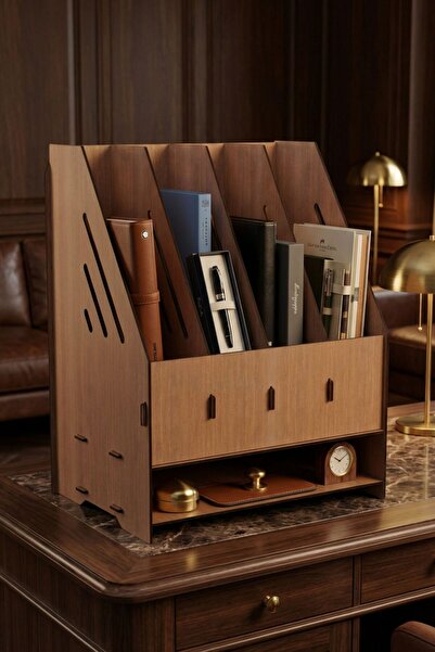 Evene Dosya Düzenleyici Masa Üstü Organizer Ahşap Evrak Rafı Ceviz Renk Model 7