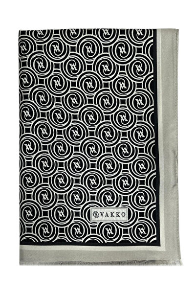 Vakko Twill İpek Şal - Yeni Monogram - Siyah Ekru