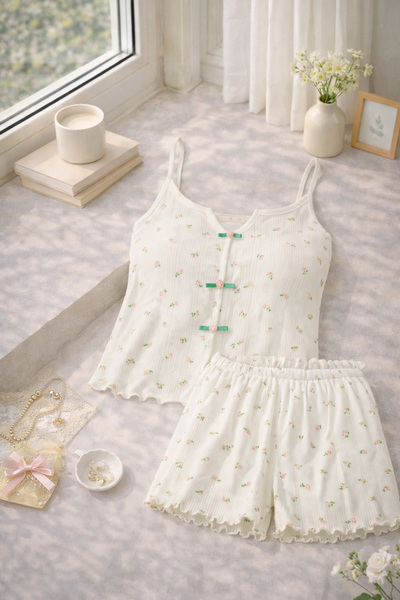 koza iç giyim Women's Floral Print Rose Bow Rope Strap Shorts Set