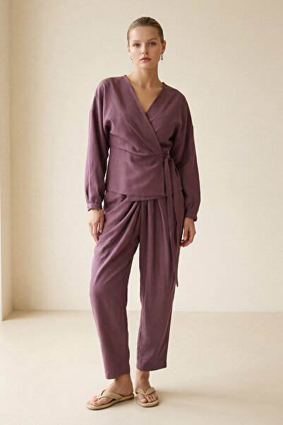 Setre Bordo Kruvaze Yaka Bağlama Detaylı Uzun Kollu Bluz