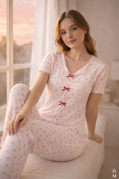 koza iç giyim طقم بيجامة نسائي بأكمام قصيرة وربطة عنق