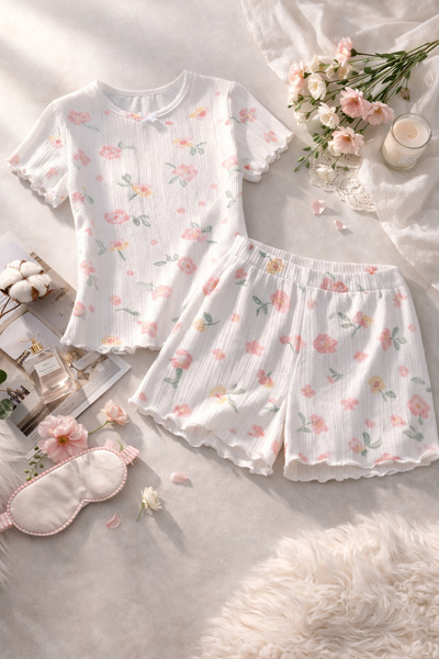 koza iç giyim Women's Cotton Floral Print Short Sleeve Shorts Pajama Set