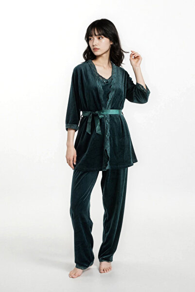 Ecrou Women's Emerald Velvet Rope Strap Robe Pants 3-Piece Pajama Set