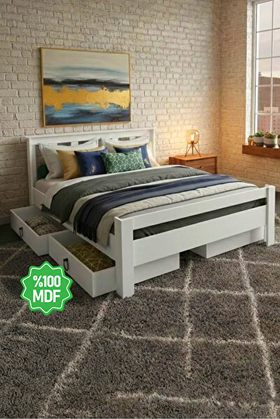 Ninnimo Arya Çift Kişilik 160x200 Yatak Uyumlu Mdf Beyaz Çekmeceli Karyola Ma...