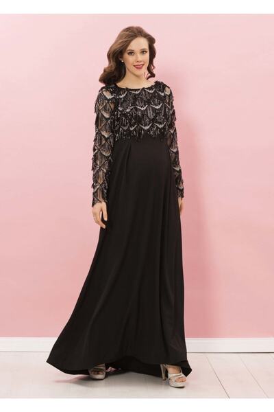 Genel Markalar Payet Saçaklı Uzun Abiye Hamile Elbise