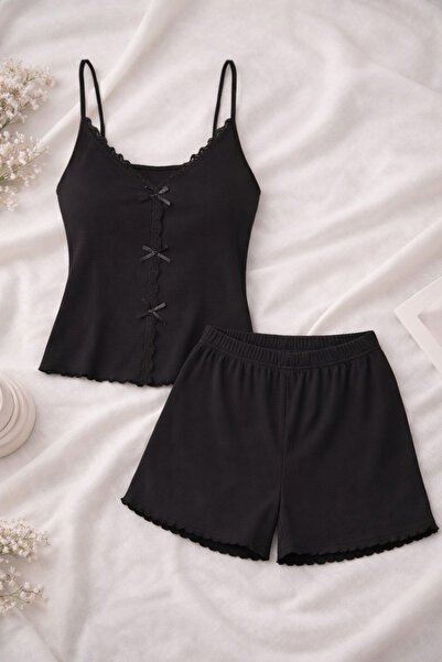 koza iç giyim Women's Thin Strap Lace Bow Cotton Shorts Pajamas Set