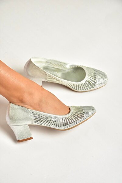 Fox Shoes Y820854514 Silver Glitter Thick Heeled Women's Shoes