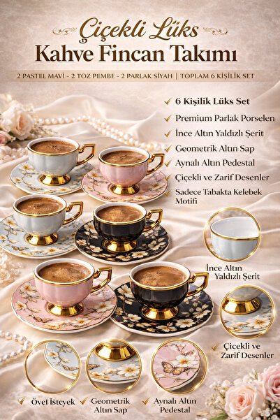 Ogeda Home, Kosova Gold Detaylı Çiçekli Fincan Takımı - Çiçekli Gold 6 Kişili...