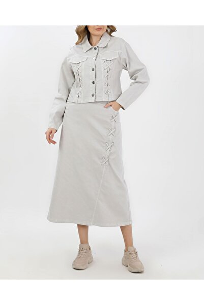 VELLICHOR Denim Jacket and Skirt with Lace Detail - Light Smoked