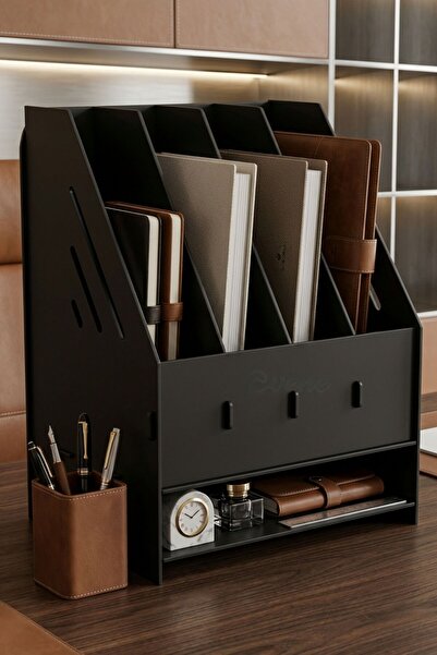 Evene Dosya Düzenleyici Masa Üstü Organizer Ahşap Evrak Rafı Siyah Renk Model 7