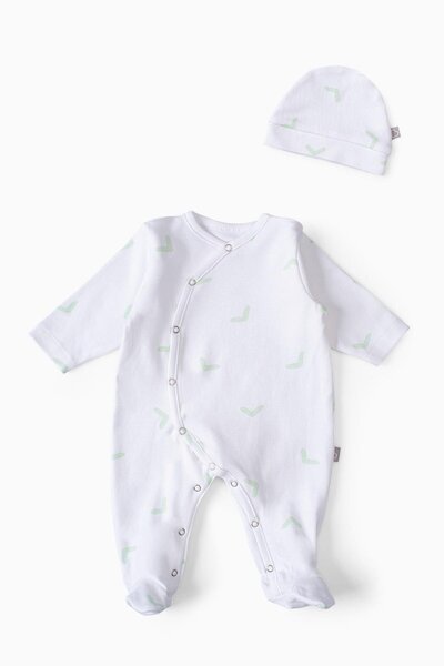 Boumini Baby Booties Jumpsuit Hat Set White Patterned