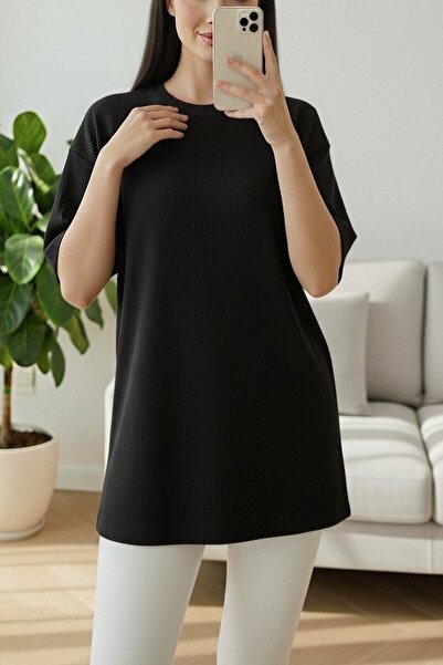 Modamorfo Bisiklet Yaka Fitilli Yırtmaçlı Tişort -Siyah