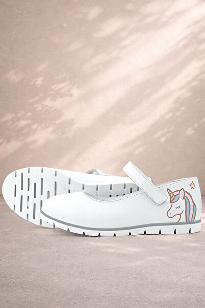 Rakerplus Pantofi de balerină pentru fete albe din piele naturală cu design s...