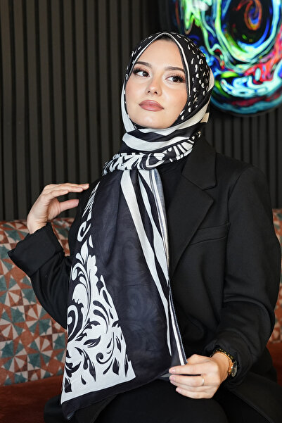 AFVENTE Barok Desen Siyah - Beyaz Soft Pamuk Şal