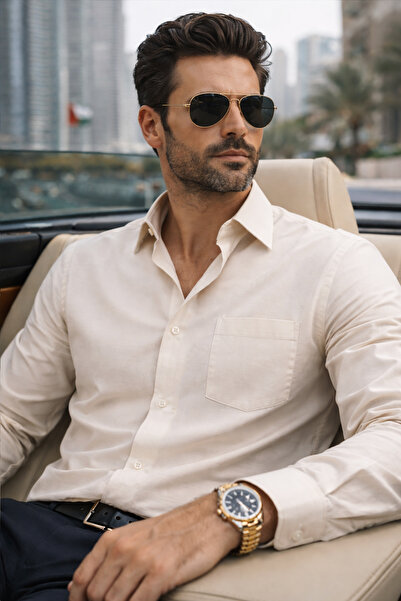 Varetta Cămașă pentru bărbați, culoare crem, cu buzunare, croială clasică, mâ...