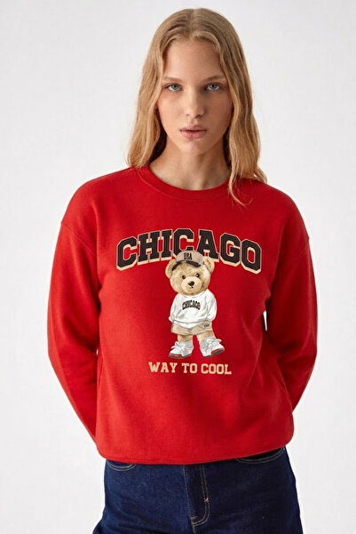 COMBİNE MİCHAİL Women's Chiacago Bear Print Red Sweatshirt