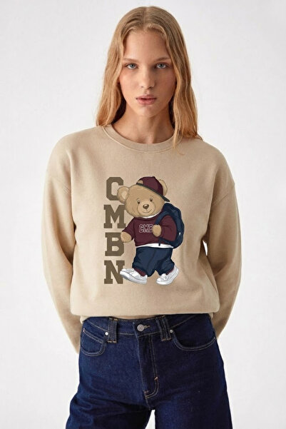 COMBİNE MİCHAİL Kadın CMBN Ayıcık Baskılı Krem Sweatshirt