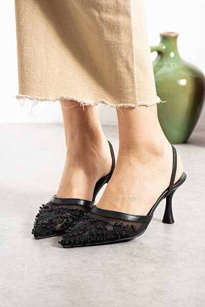 HVZ Exclusive حذاء نسائي أسود مطرز بالخرز بكعب عالٍ مناسب للتخرج والخطوبة وال...