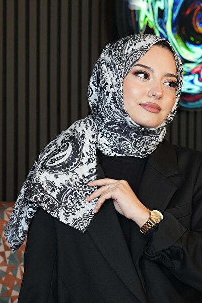 AFVENTE Classic Paisley Pattern Black-White Soft Cotton Shawl